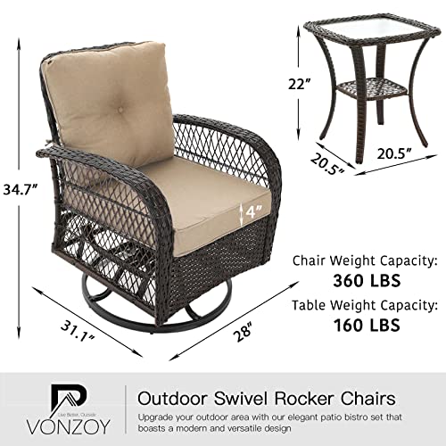 3 Pieces Patio Furniture Set, Outdoor Swivel Glider Rocker, Wicker Patio Bistro Set with Rocking Chair, Thickened Cushions and Table for Porch (Blue)