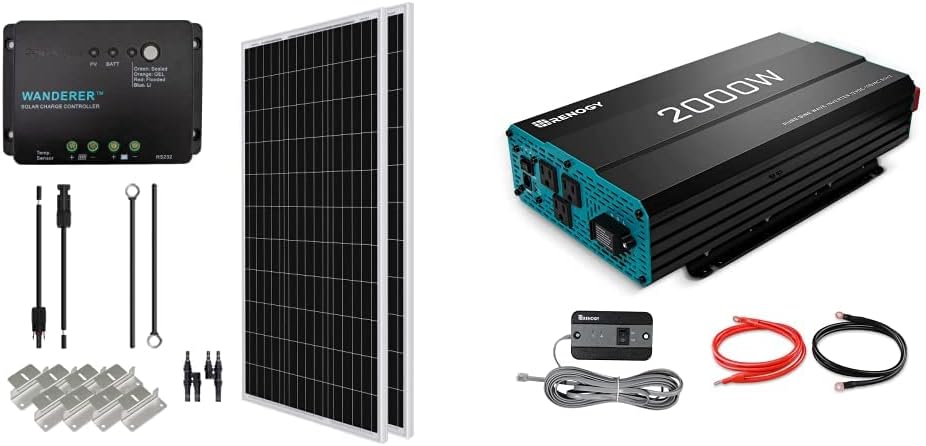 Renogy 200 Watt 12 Volt Monocrystalline Solar Panel Starter Kit with 2 Pcs 100W Monocrystalline Solar Panel and 30A PWM Charge Controller for RV