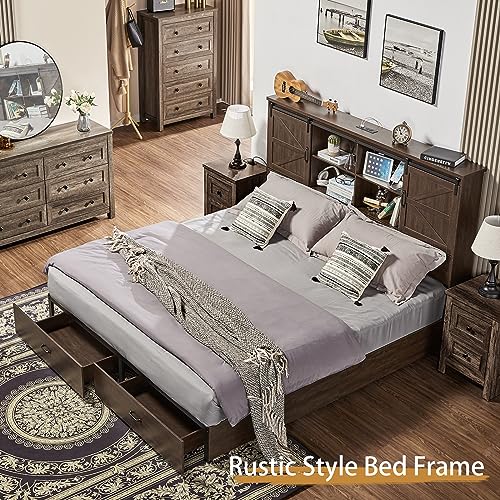 VanAcc Full Size Bed Frame, Wooden Platform Storage Bed with 51.2" Bookcase Headboard, 2 Drawers