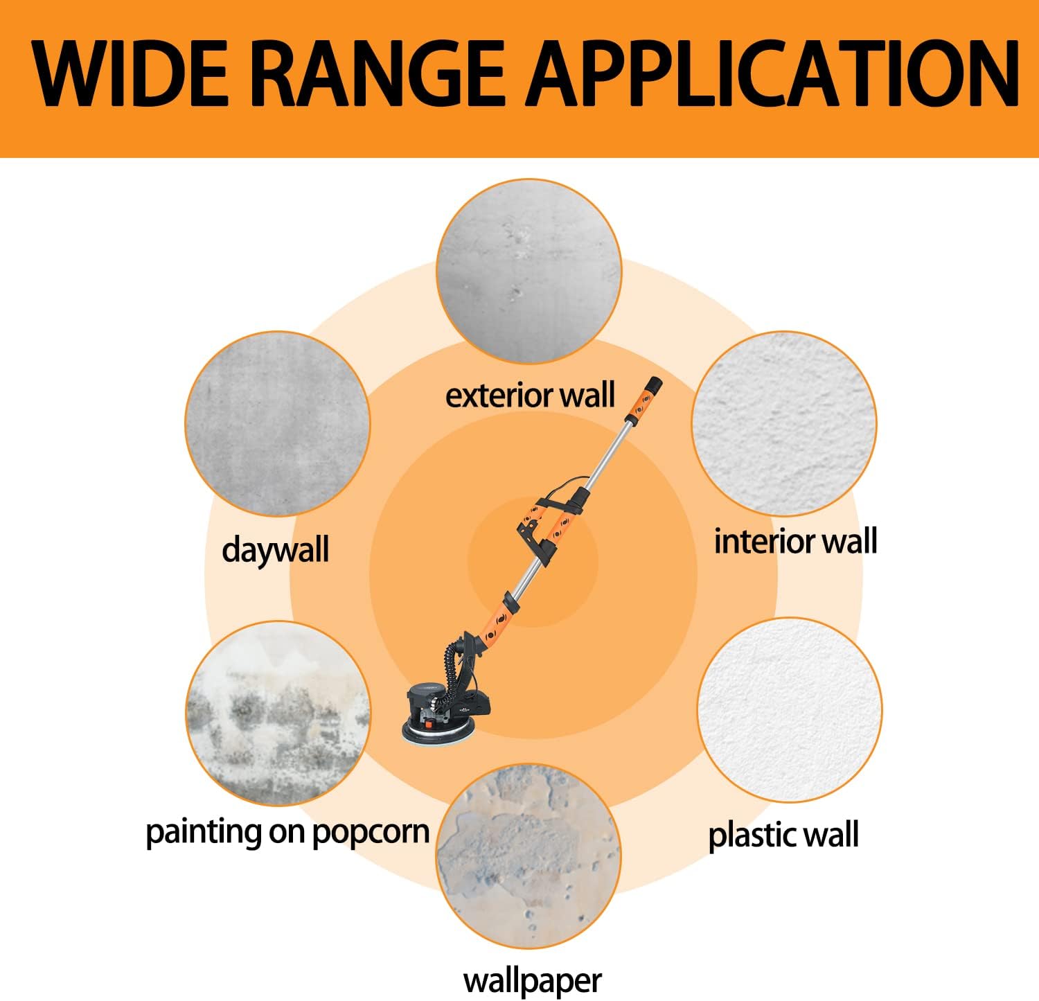Excited Work Drywall Sander,6.5A Electric Sander with Vacuum Attachment, 13 Sanding Discs, LED and 500 to 1800(R/MIN) Variable Speed
