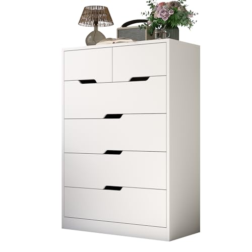 6 Drawer Dresser for Bedroom, Tall White Dresser with Large Organizer, Modern Chest of Drawers, Wooden Dresser with Deep Storage Drawer