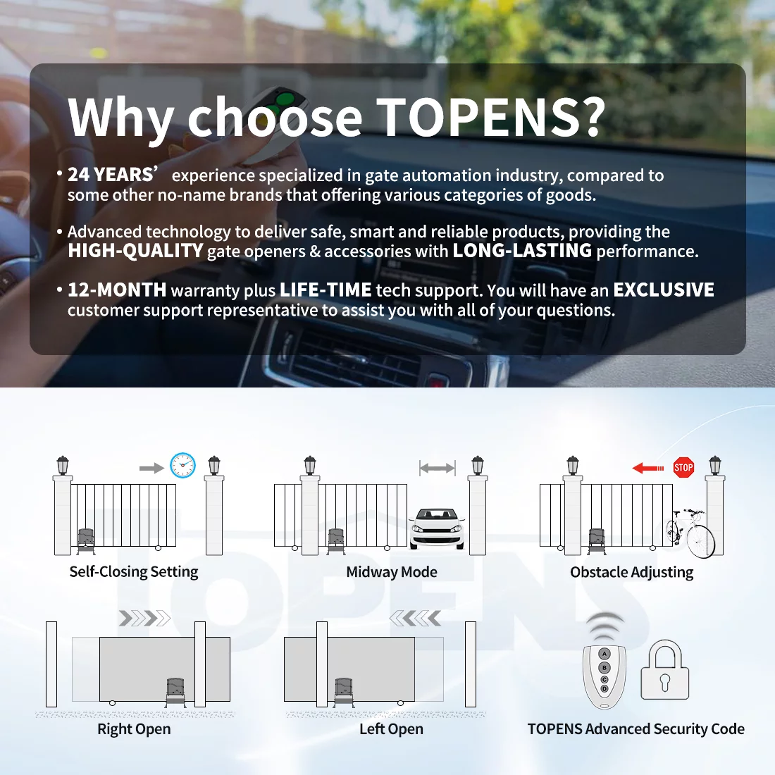 TOPENS CK700 Automatic Sliding Gate Opener Chain Drive Electric Gate Motor for Heavy Driveway Slide Gates Up to 1600 Pounds
