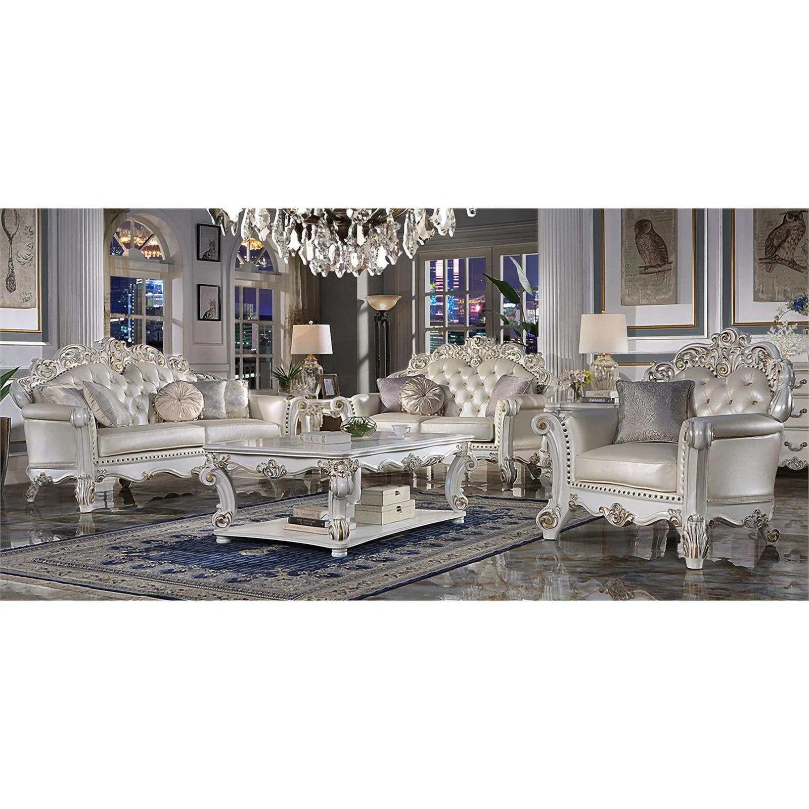 ACME Vendome Sofa with 5 Pillows in Champagne PU & Antique Pearl Finsih