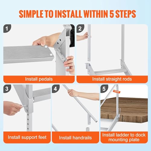 VEVOR Dock Stairs Ladder 4 Step, Aluminum Dock Steps 30"-39" Adjustable Height, 500Lbs Load, 4" Wide Nonslip Pedals