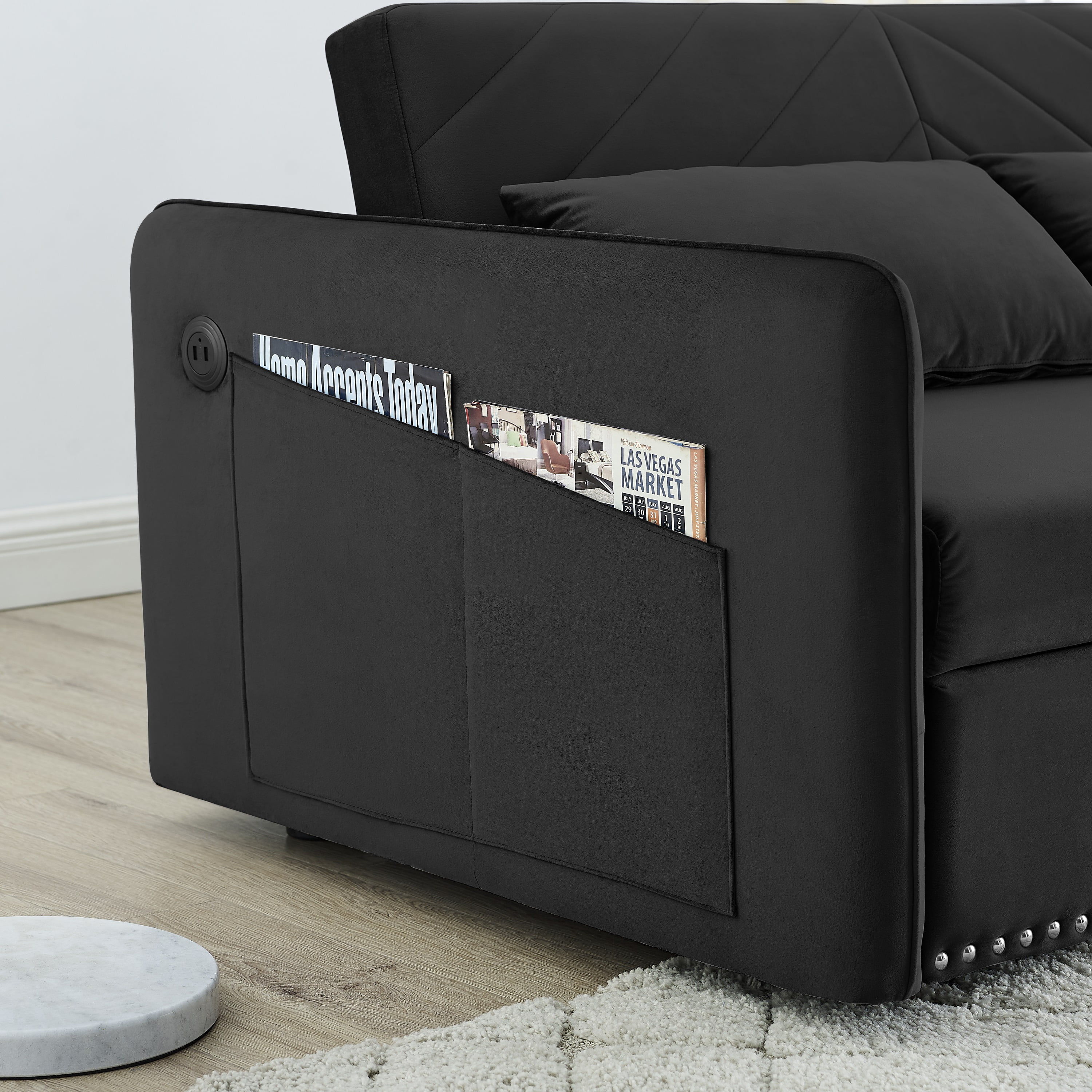 MOMSPEACE 3 in 1 Sleeper Sofa Couch Bed with 2 USB Ports, 55" Velvet Convertible Loveseat with Pull Out Sofa Bed for Living Room - Black