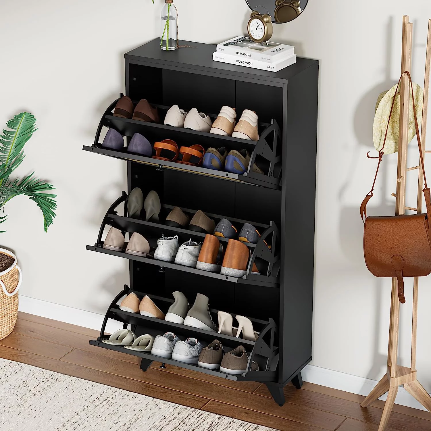 Cozy Castle Rattan Narrow Shoe Cabinet with 3 FILP Drawers, Freestanding Shoe Storage Organizer, Modern Shoe Organizer Cabinet for Entryway, Black