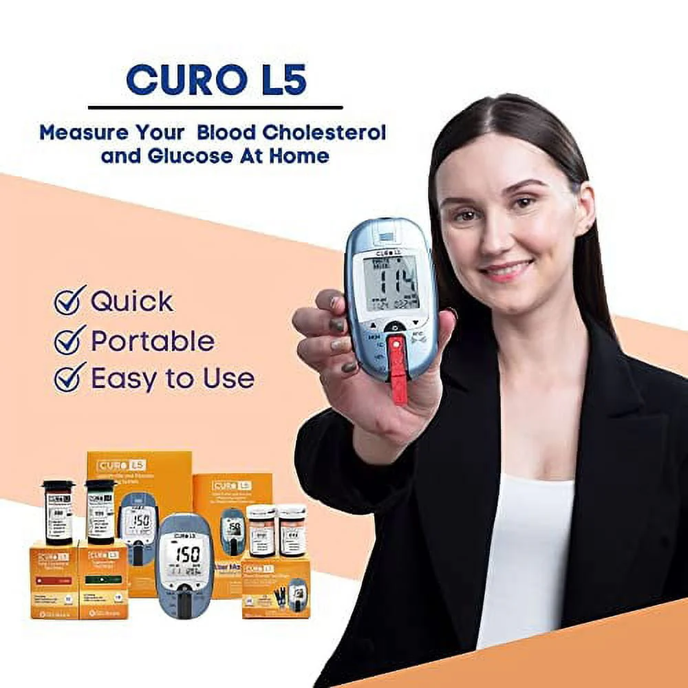 CURO L5 Digital Cholesterol Test Kit Home (Device & 10 Total Cholesterol Strips Included)