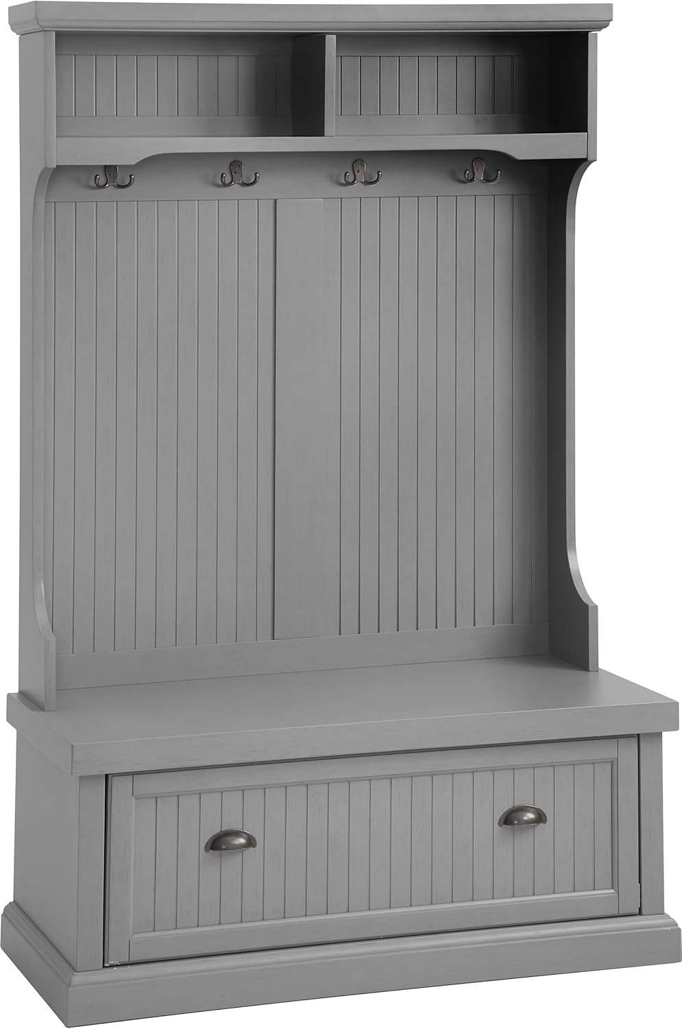 Crosley Furniture Seaside Hall Tree, Entryway Bench with Coat Rack and Shoe Cabinet, Distressed Gray