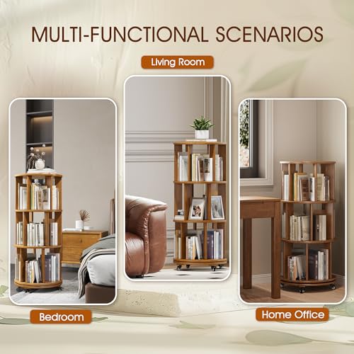 6 Tier Rotating Bookshelf Tower Spinning Bookshelf with Swivel Wheels Book Shelf Rotating Storage Tower for Kids Adult Narrow Walnut Solid Wood