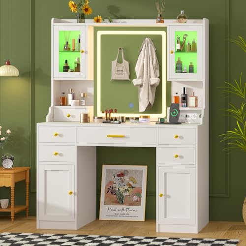 White Makeup Vanity Desk with Mirror and Lights, Large Vanity Table Set with Charging Station, Dressing Table with RGB Cabinets