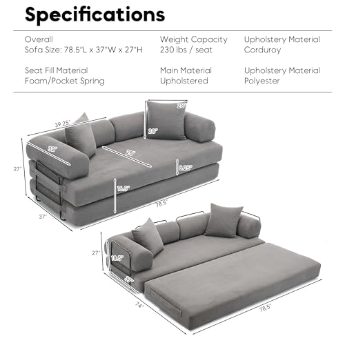 Convertible Sleeper Sofa Bed with Cylindrical Pillow, Corduroy Folding Mattress Couch with Fixed-Shape Frame