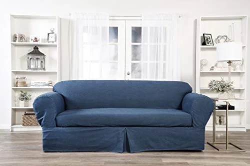 2 Piece Cotton Washed Heavy Denim Sofa Slipcover, Blue