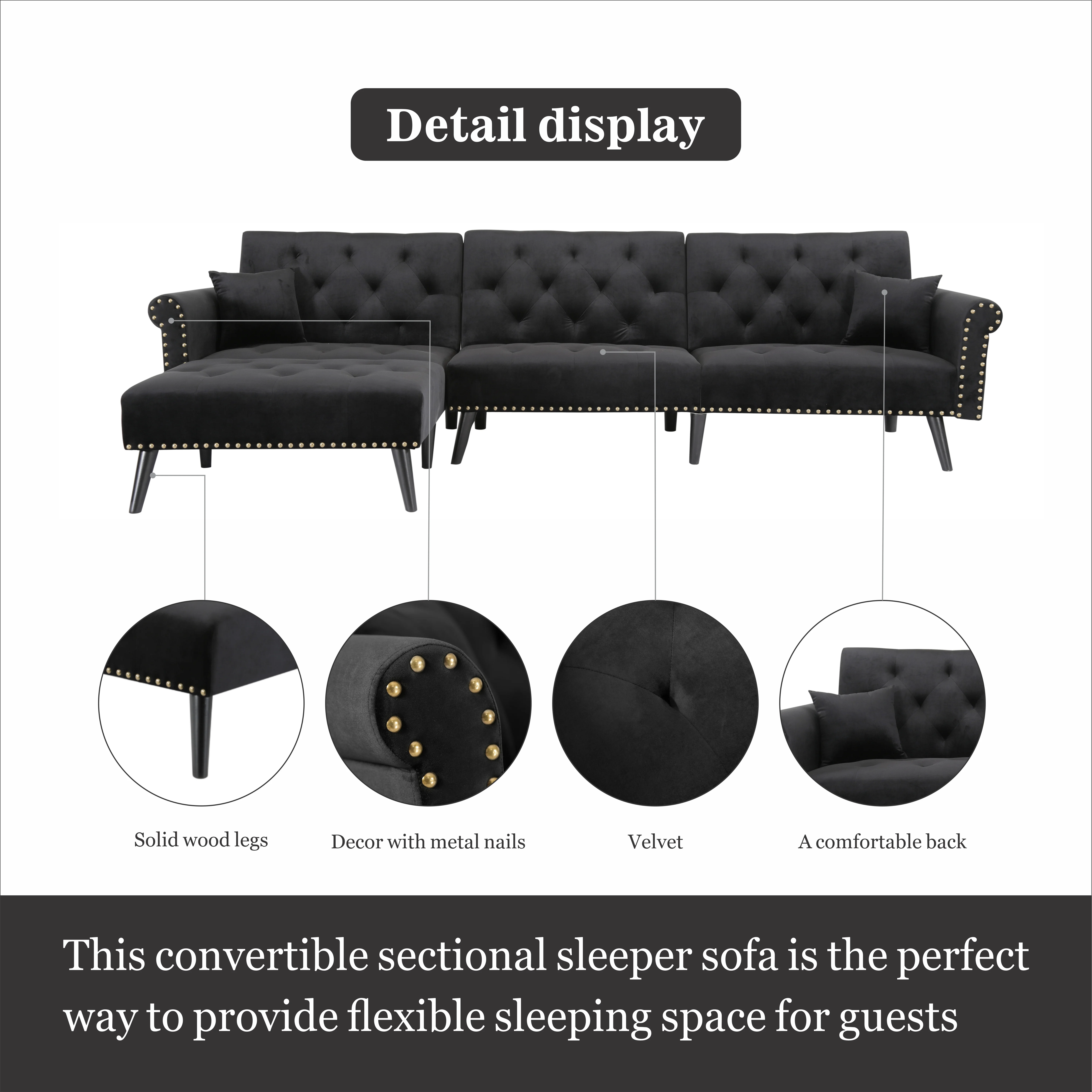 BSHTI 115 inch Stylish Minimalist Sectional Sofa Couch,Velvet Sleeper Futon bed with Reversible Chaise for Living Room(Black)