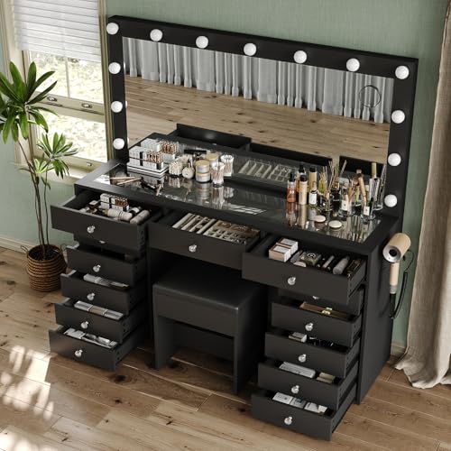 55" W Vanity Desk, Makeup Vanity with Charging Station, 15 Drawers with Lighted Mirror, 3 Lighting Modes, Brightness Adjustable, Glass Top