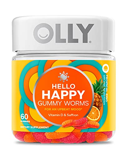 OLLY Hello Happy Gummy Worms, Mood Balance Support, Vitamin D, Saffron, Adult Chewable Supplement, Tropical Zing - 60 Count - Kansas Nuitrition