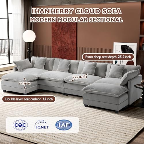 Ihanherry 111.4" U Shaped Modern Cloud Sofa Modular Sectional Couch with 2 Ottoman, 5-Seat Chenille Deep Seat Sofa with Pillow for Living Room