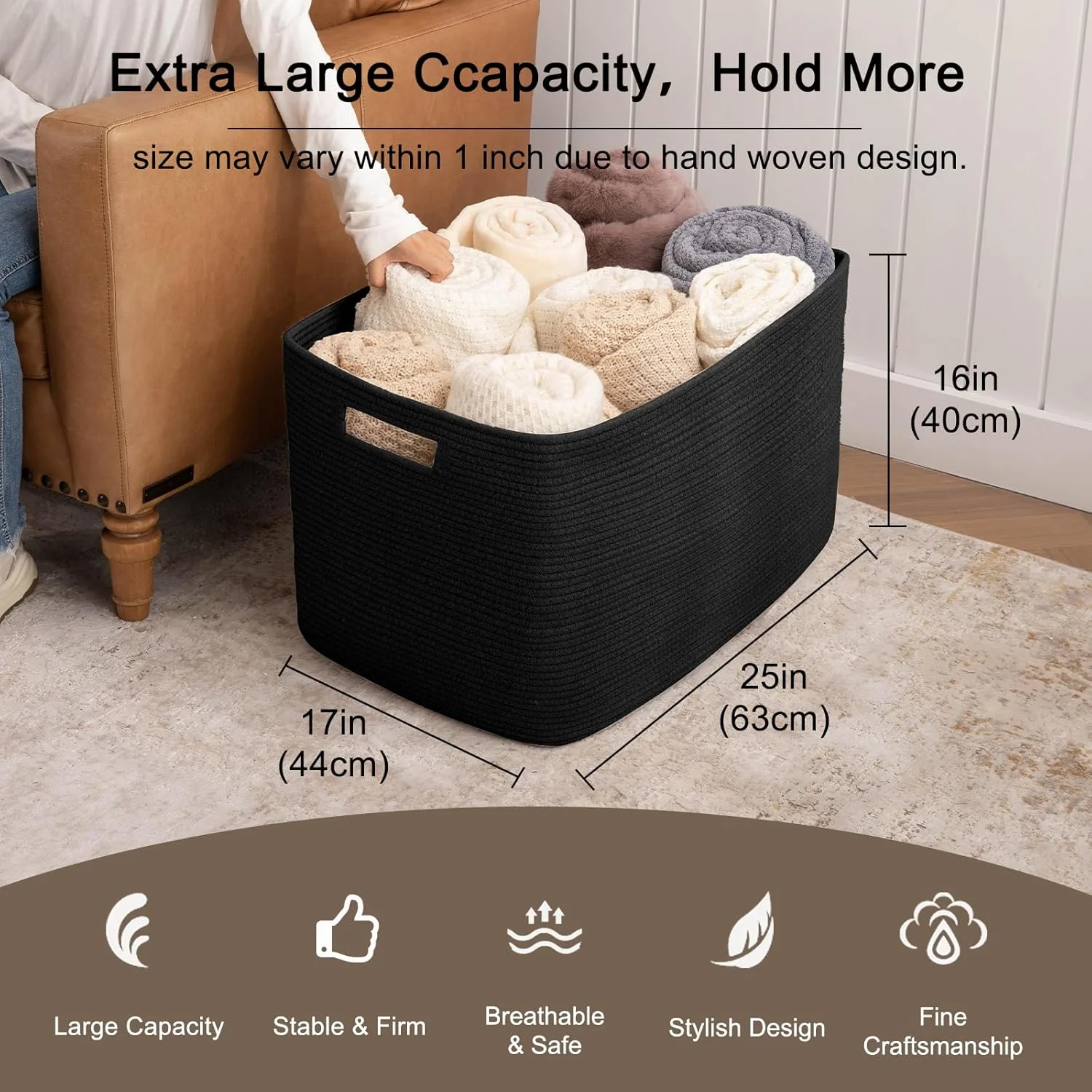 118L XXXLarge Cotton Rope Storage Basket, Oversized Blanket Basket, Used for Organizing Dirty Clothes in Living Room, Bedroom, Nursery