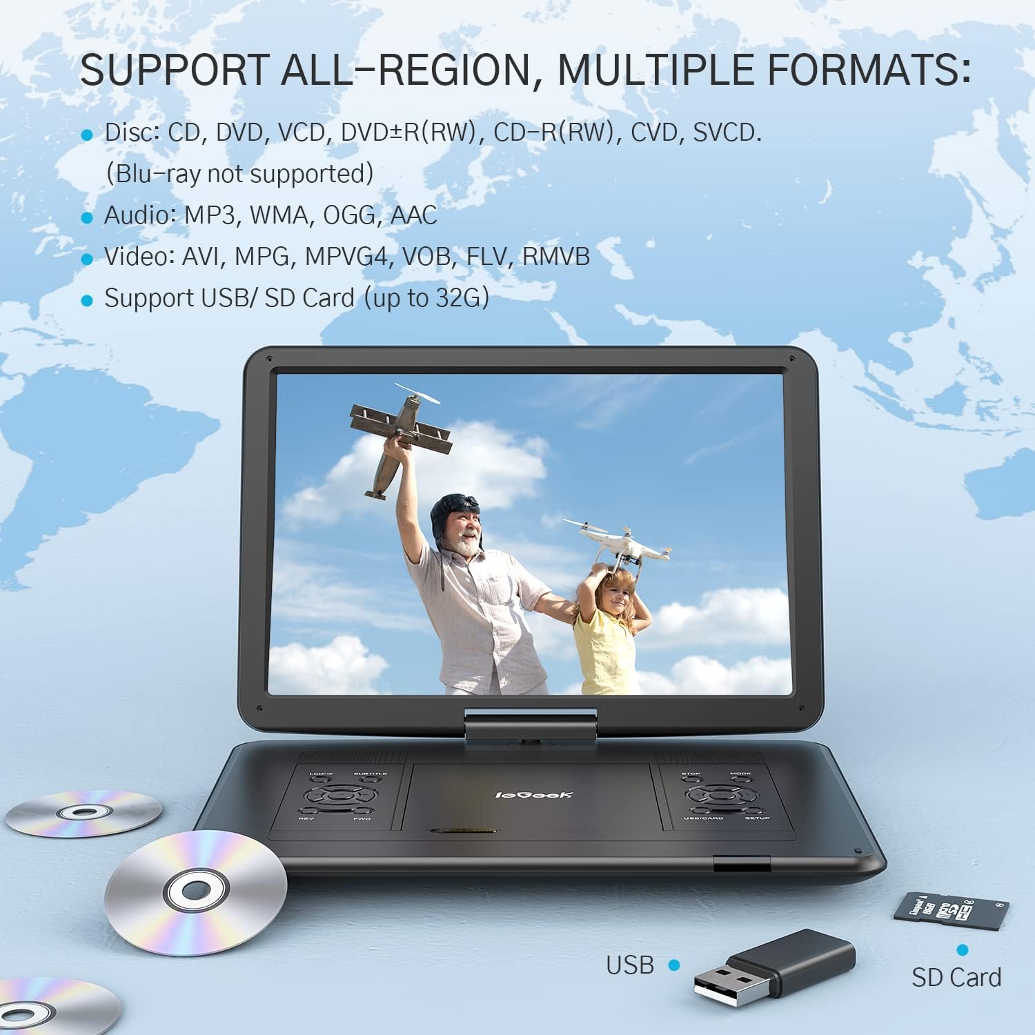 ieGeek 17.5" Portable DVD Player with 15.6" Swivel HD Large Screen, 6 Hrs 5000mAH Rechargeable Battery, High Volume Speaker