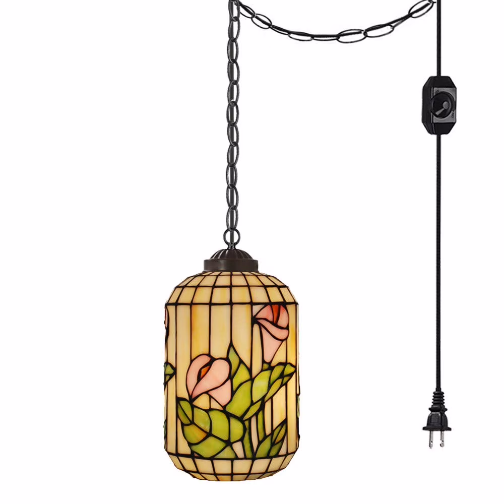 FSLiving Plug-in Pendant Hanging Light with 15FT Power Cord Tiffany Handmade Stained Glass Shade Dimmable Pendant Lamp for Loft, Bedroom, Kitchen