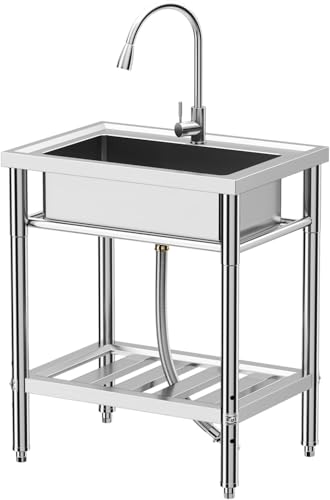 28"x20"x34" Stainless Steel Utility Sink, Freestanding Single Bowl with Hot & Cold Water Faucet