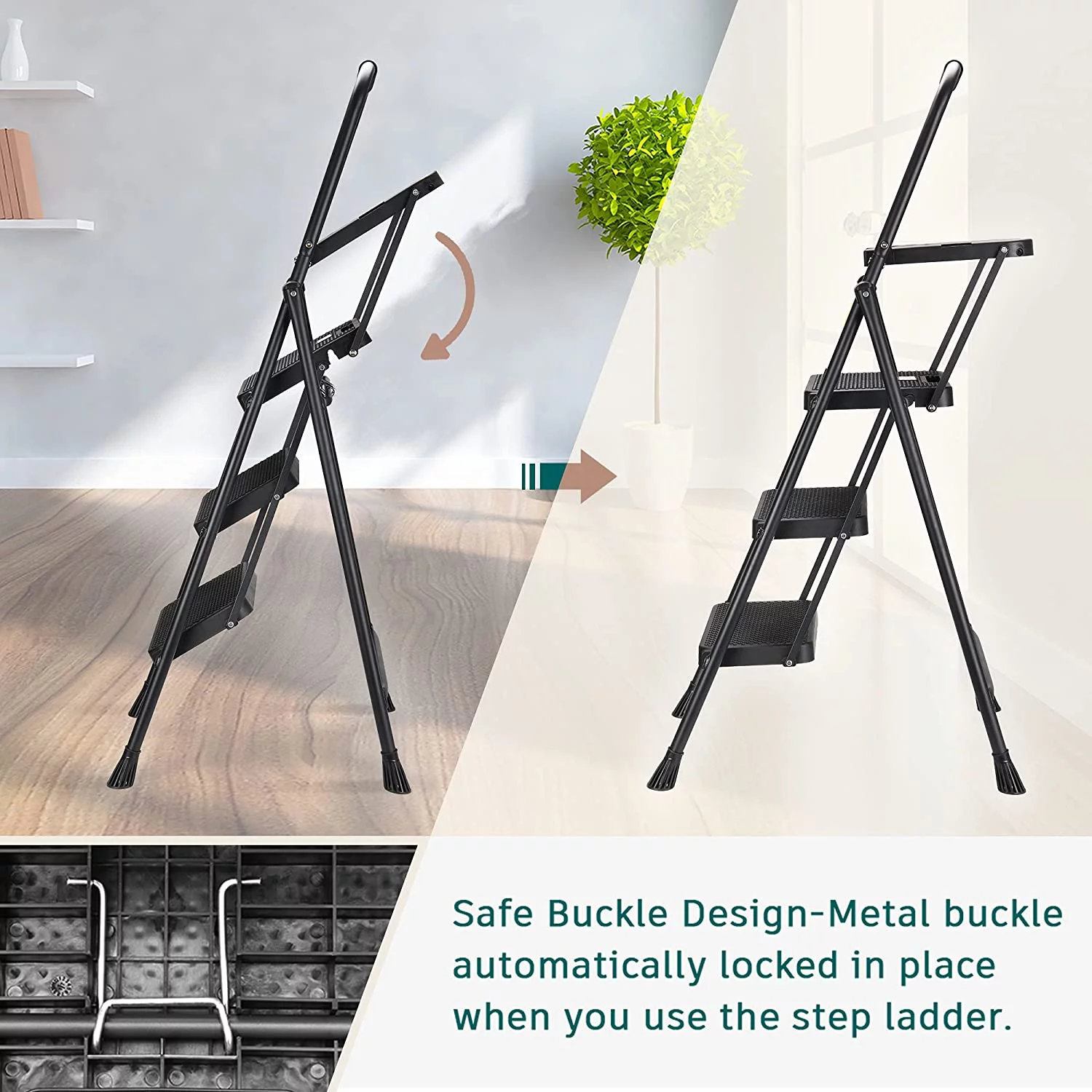 4 Step Ladder with Tool Tray, Folding Step Stool with Wide Non-Slip Pedal and Comfort Handgrip for Household and Office