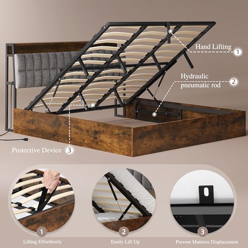 YITAHOME Queen Size Lift Up Bed with Charging Station & RGB LED Lights, PU Leather Upholstered Platform Storage Bookcase Headboard Bed