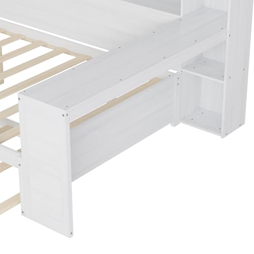 Bellemave Twin Corner Bed Frame with Storage Shelves and Desk, Wood Twin Size Daybed with Bookcase and Drawers and Storage, Gray