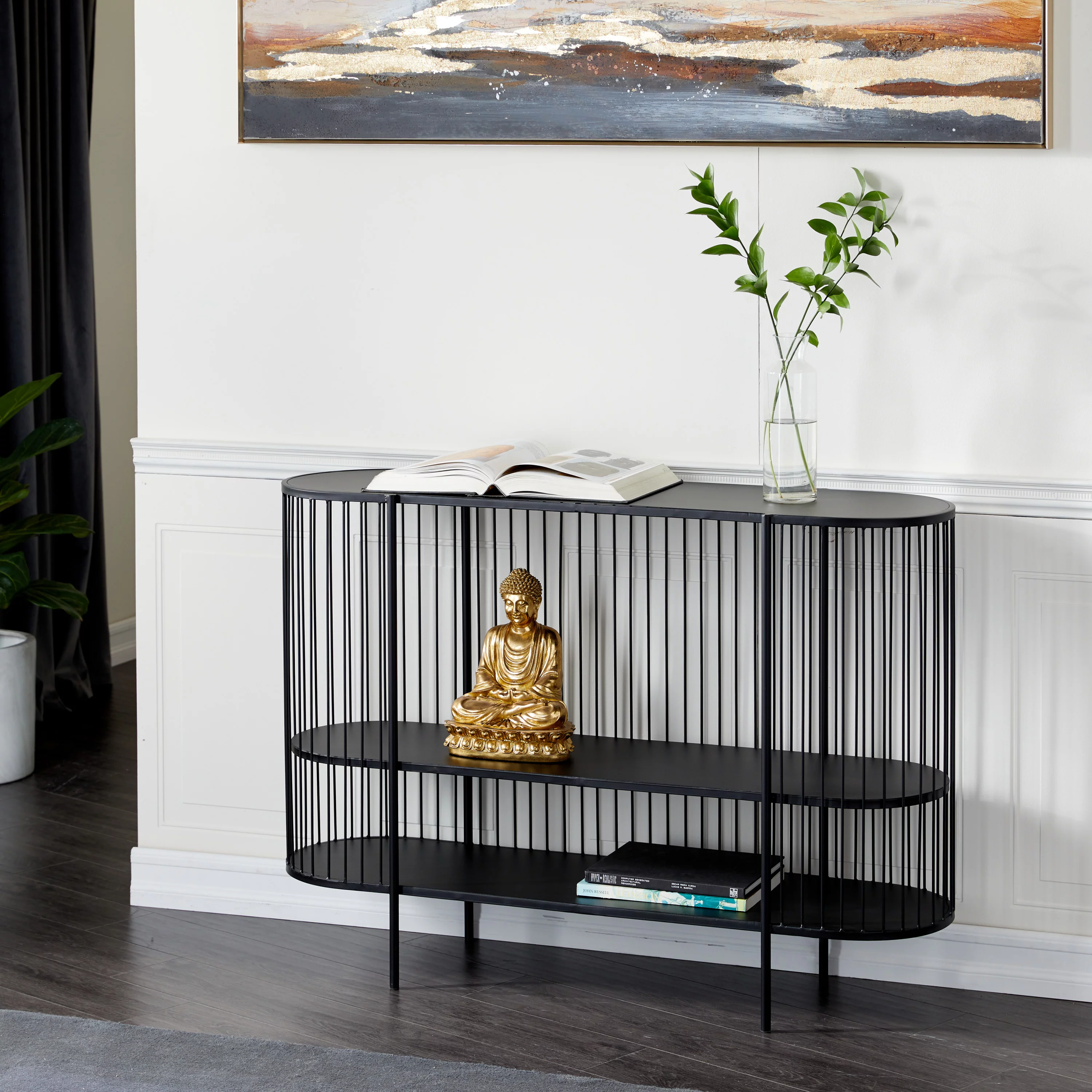 DecMode 48" x 34" Black Metal Narrow Open Wire Frame 2 Shelf Console Table, 1-Piece