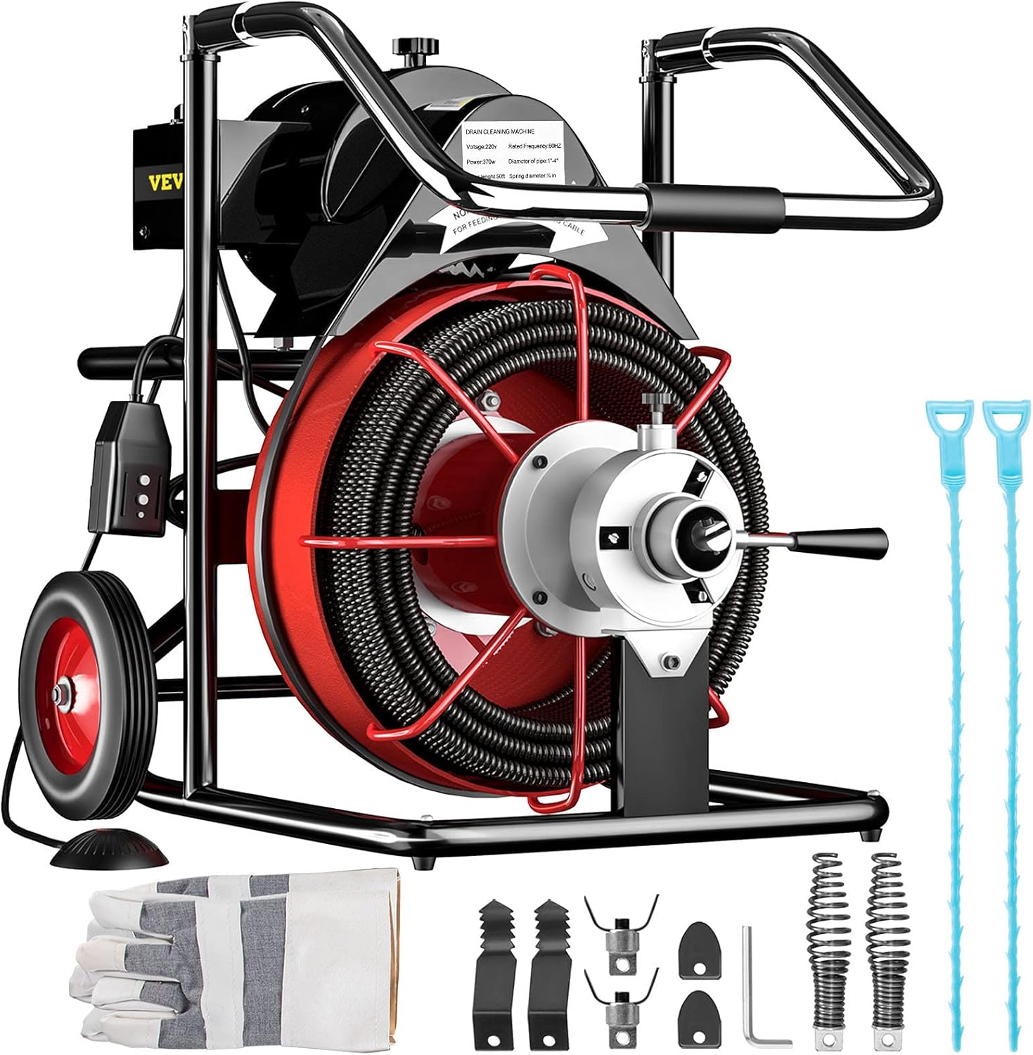 VEVOR 50 Ft x 1/2Inch Drain Cleaner Machine 370W Open Drain Cleaning Machine Portable Electric Drain Auger with Cutters Glove Drain Auger Cleaner