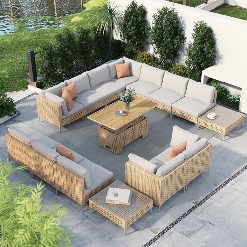Grand patio 7-Piece Wicker Patio Furniture Set, Boho Outdoor Conversation Set Sectional Sofa with Water Resistant Thick Cushions and Coffee Table