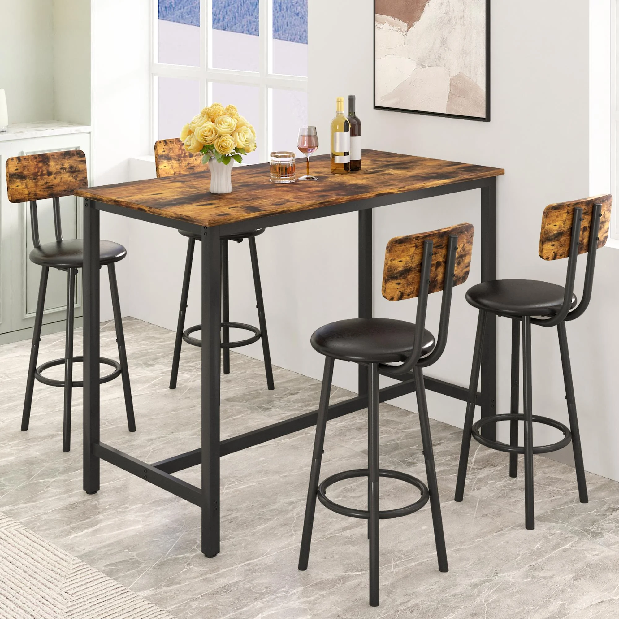 Paproos 5 Piece Dining Table Set, Bar Height Kitchen Table and Upholstered Stools with Backrest, Wooden Table Top and Metal Frame