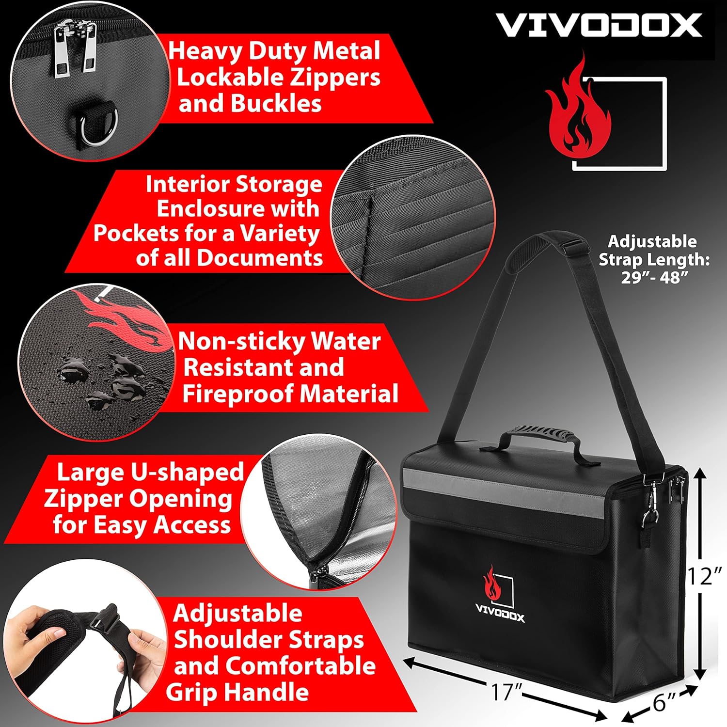 Fireproof Bag for Documents - Document Box Fireproof Waterproof Material - Large 17 x 12 x 6 Size Easily Fits Binders and Folders