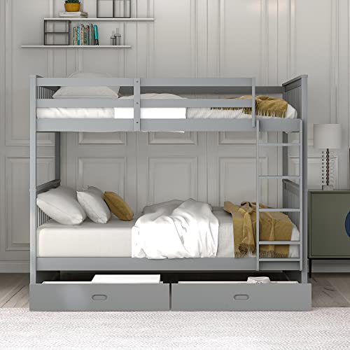 SOFTSEA Twin Over Full Bunk Bed with Slide, Solid Wood Bunk Beds with Stairs for Kids