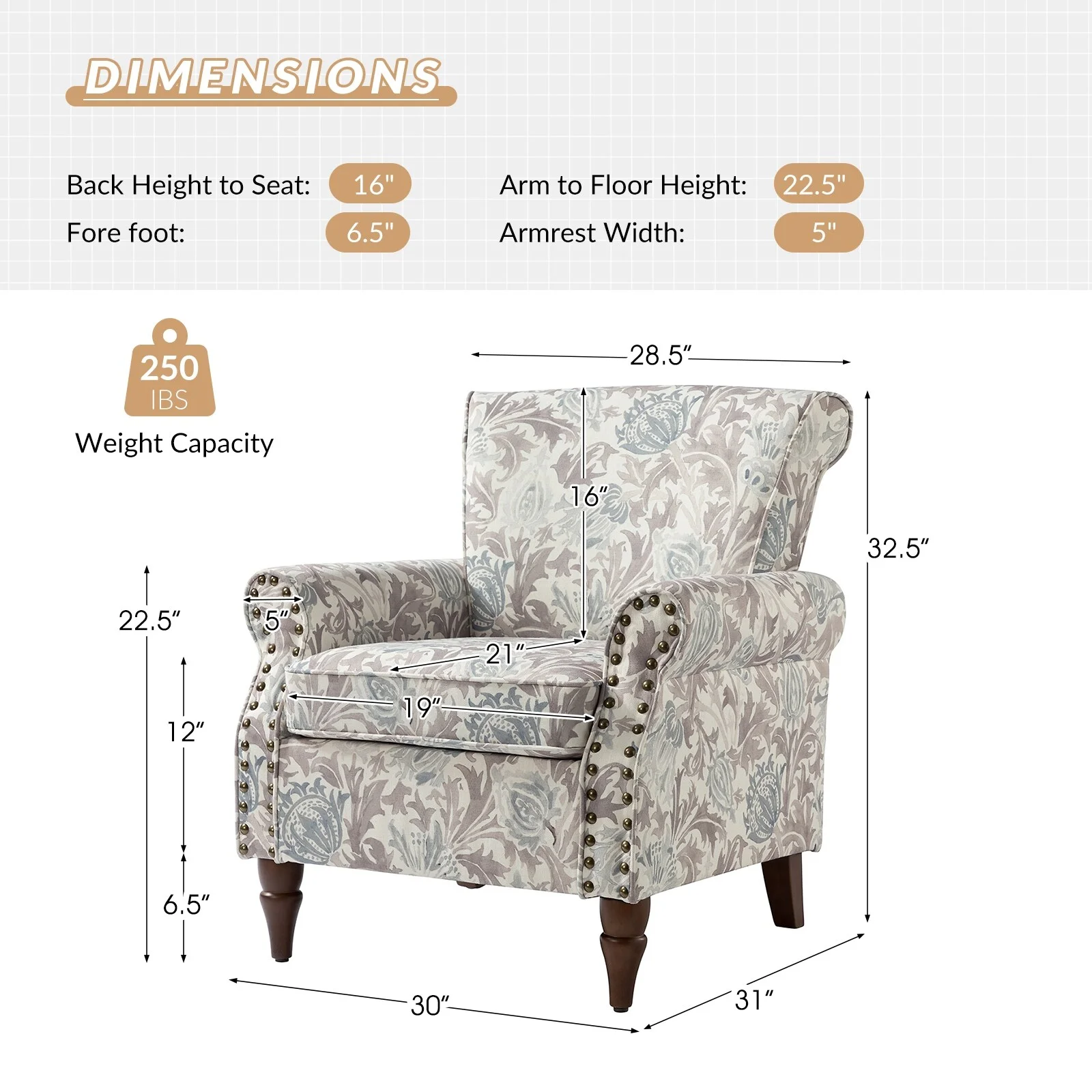 HULALA HOME Avelina Upholstered Accent Armchair Floral Pattern with Nailhead Rolled Arms Set of 2 Grey Floral Modern & Contemporary, Traditional