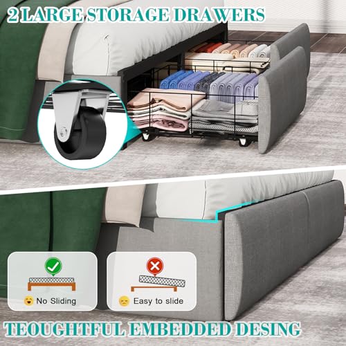 Queen Bed Frame with 2 Storage Drawers, Platform Bed Frame Queen Size with LED Light, Upholstered Headboard, Charging Station, Steel Slat Support