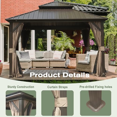 Domi 10' x 10' Hardtop Gazebo Outdoor Metal Gazebo with Galvanized Steel Double Roof Canopy, Curtains and Netting for Patio, Backyard, Deck