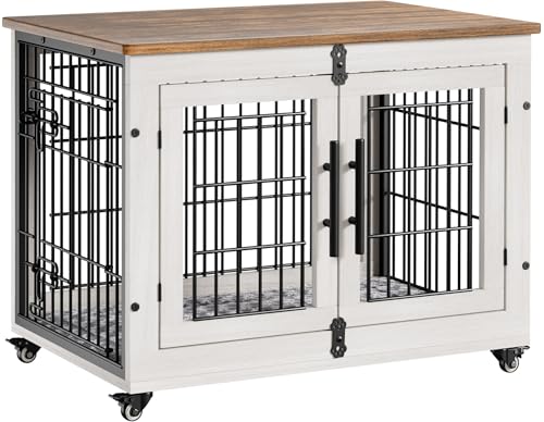 Lulive Dog Crate Furniture for Medium Dogs, 32'' Dog Kennel Indoor with Cushion & Wheels Wooden Dog Cage Double Doors Dog Crate End Table, Grey