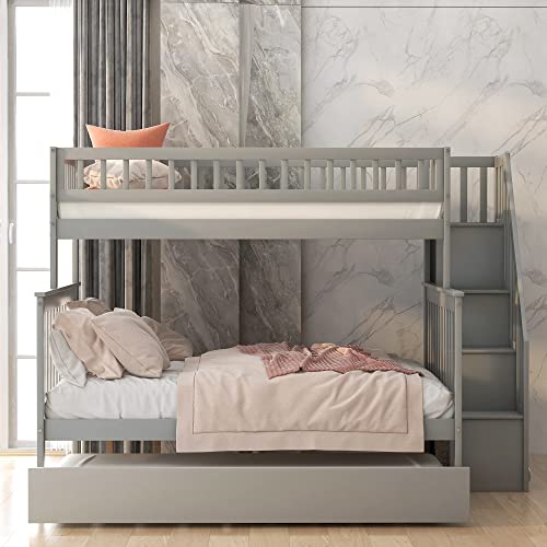 Harper & Bright Designs Bunk Beds Twin Over Full Size, Bunk Bed with Trundle,Storage Shelf and Stairway