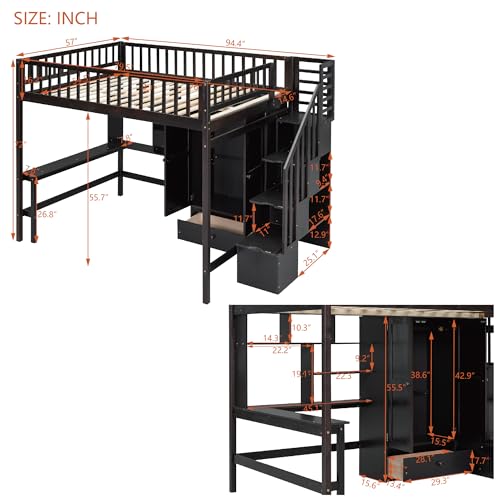 Full Size Loft Bed with Wardrobe Desk Storage Stairs, Wood Loft Bed Frame with Bookcase and Drawers, High Loft Bedframe for Kids Teens Adults