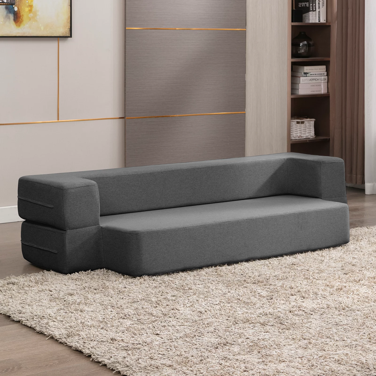 Mjkone Folding Queen Size Sleeper Sofa Bed,Convertible Couch Bed,Floor Foam Mattress, Linen Fabric