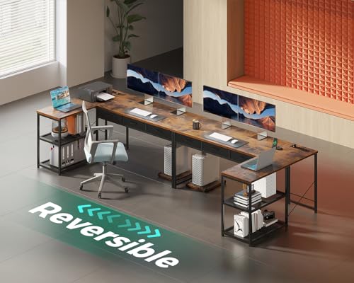 AODK 53 Inch L Shaped Computer Desk with Drawers, Corner Desk with Power Outlets & Reversible Storage Shelves