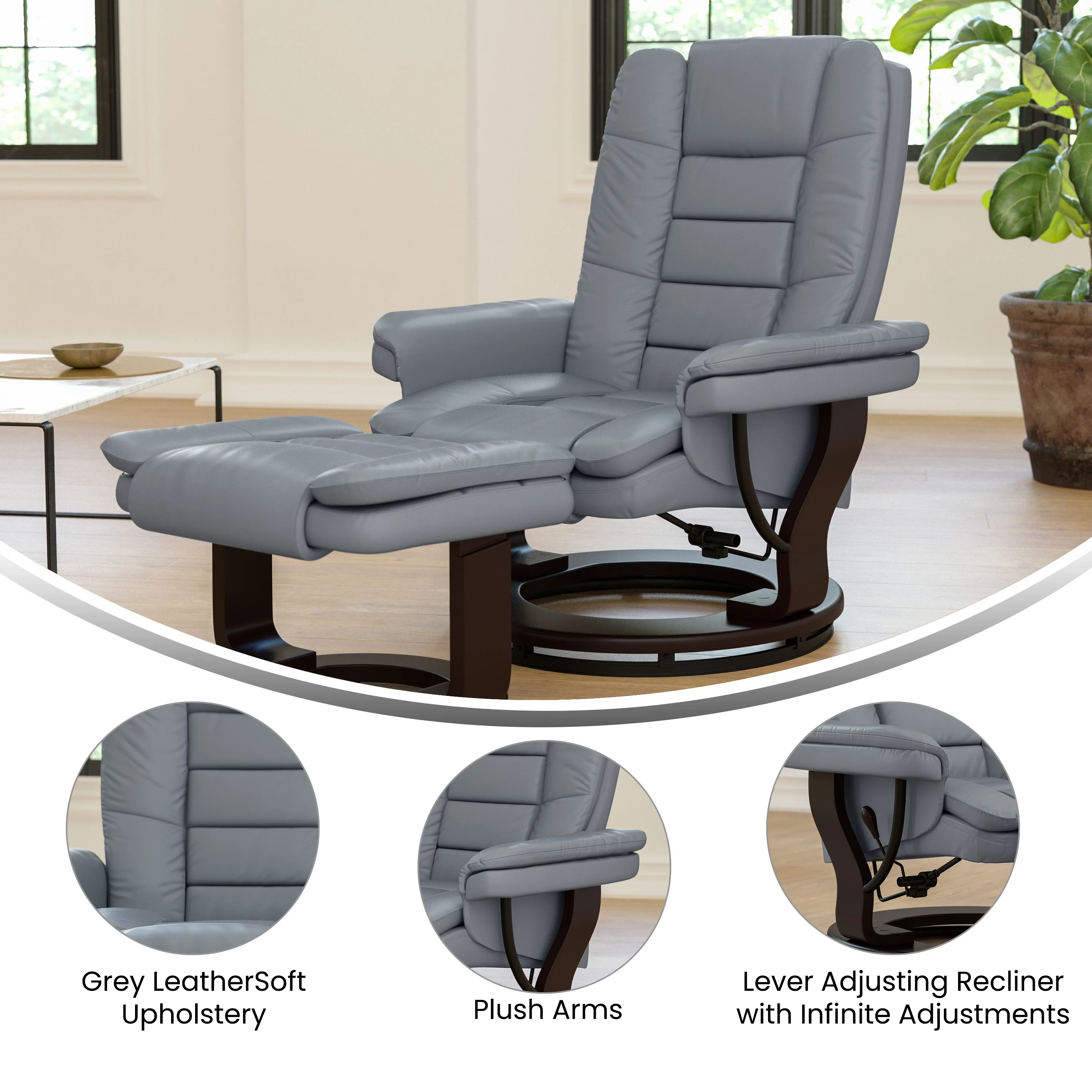 Emma + Oliver Contemporary Multi-Position Recliner with Horizontal Stitching and Ottoman with Swivel Mahogany Wood Base in Gray Faux Leather
