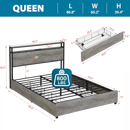 Full Size Bed Frame with Headboard, LED Platform Bed with 4 Storage Drawers, Built in Charging Station, Noise-Free, Metal Support Base