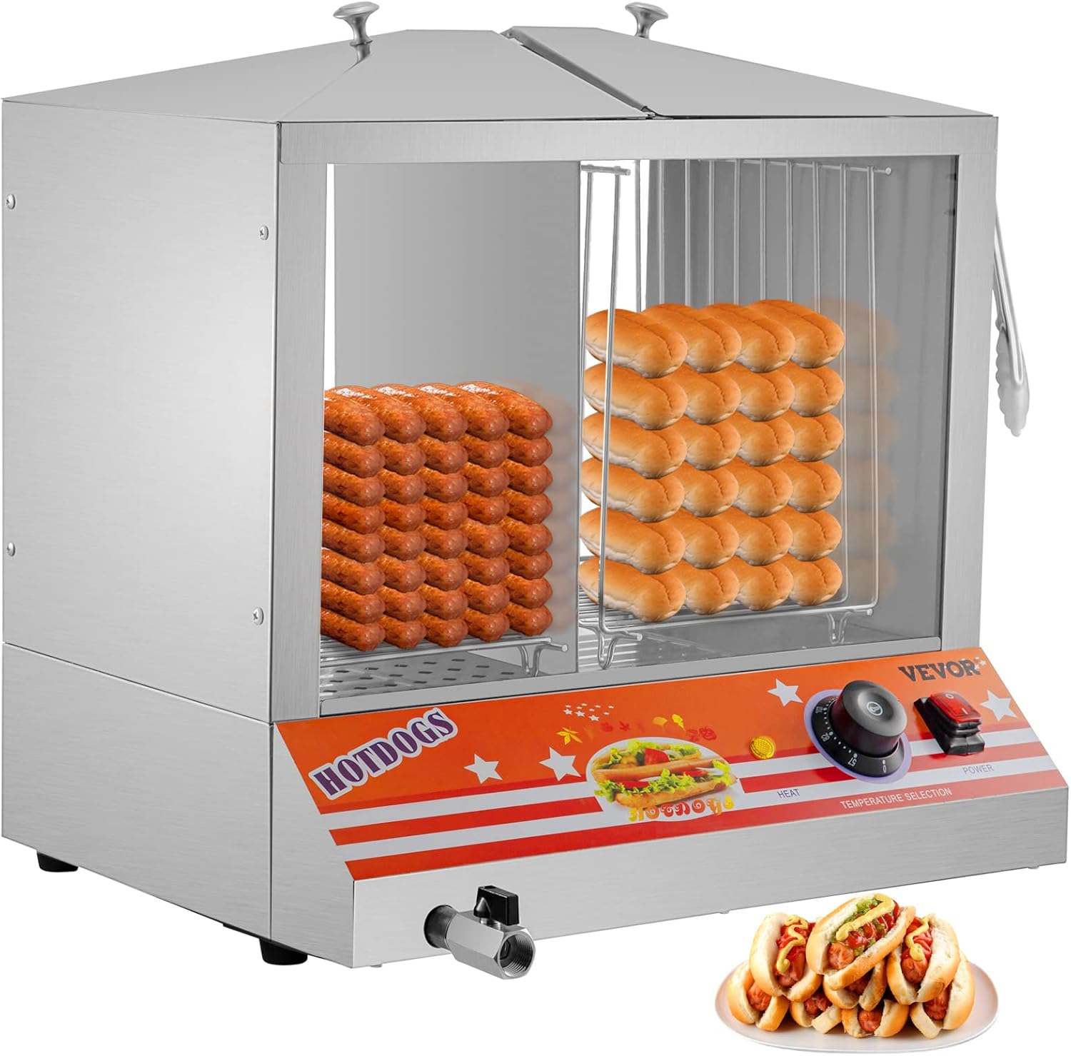 VEVOR Hot Dog Steamer, 36L/32.69Qt, Top Load Hut Steamer for 100 Hot Dogs & 48 Buns