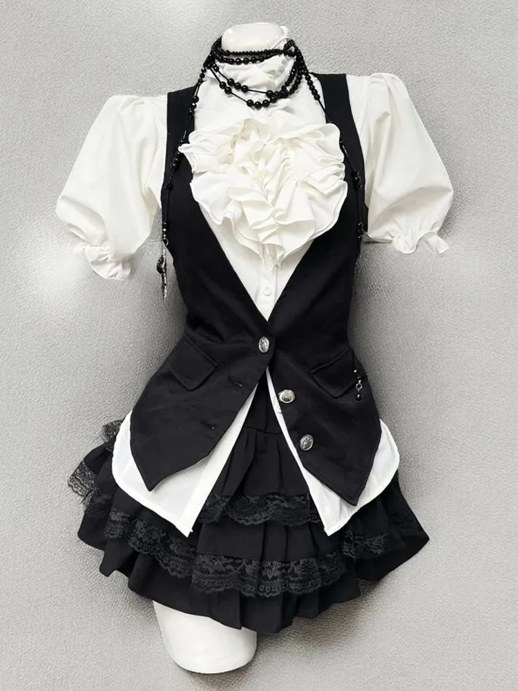 ’Scholar Chic'Vintage-Style Shirt, Vest & Mini Skirt Three-Piece Set