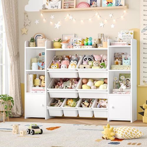 FOTOSOK 55''Large Toy Storage Organizer with 8 Toy Bins, Toy Organizers and Storage with Shelf and 6 Storage Cubbies, Bookshelf for Kids