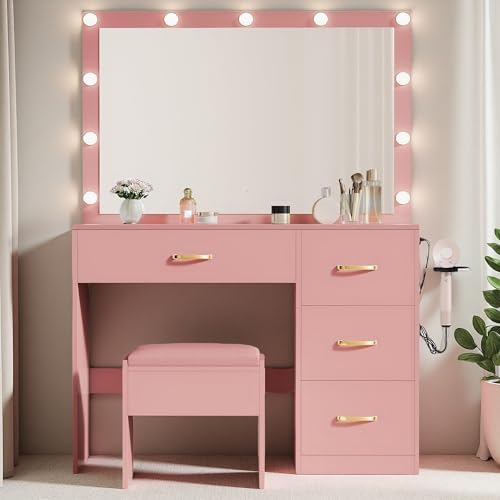 YITAHOME Vanity Desk Set with Large 35" LED Mirror and Lights, Makeup Table with 4 Drawers & Stool, 2 AC Outlets and 2 USB Ports, Adjustable Lighting