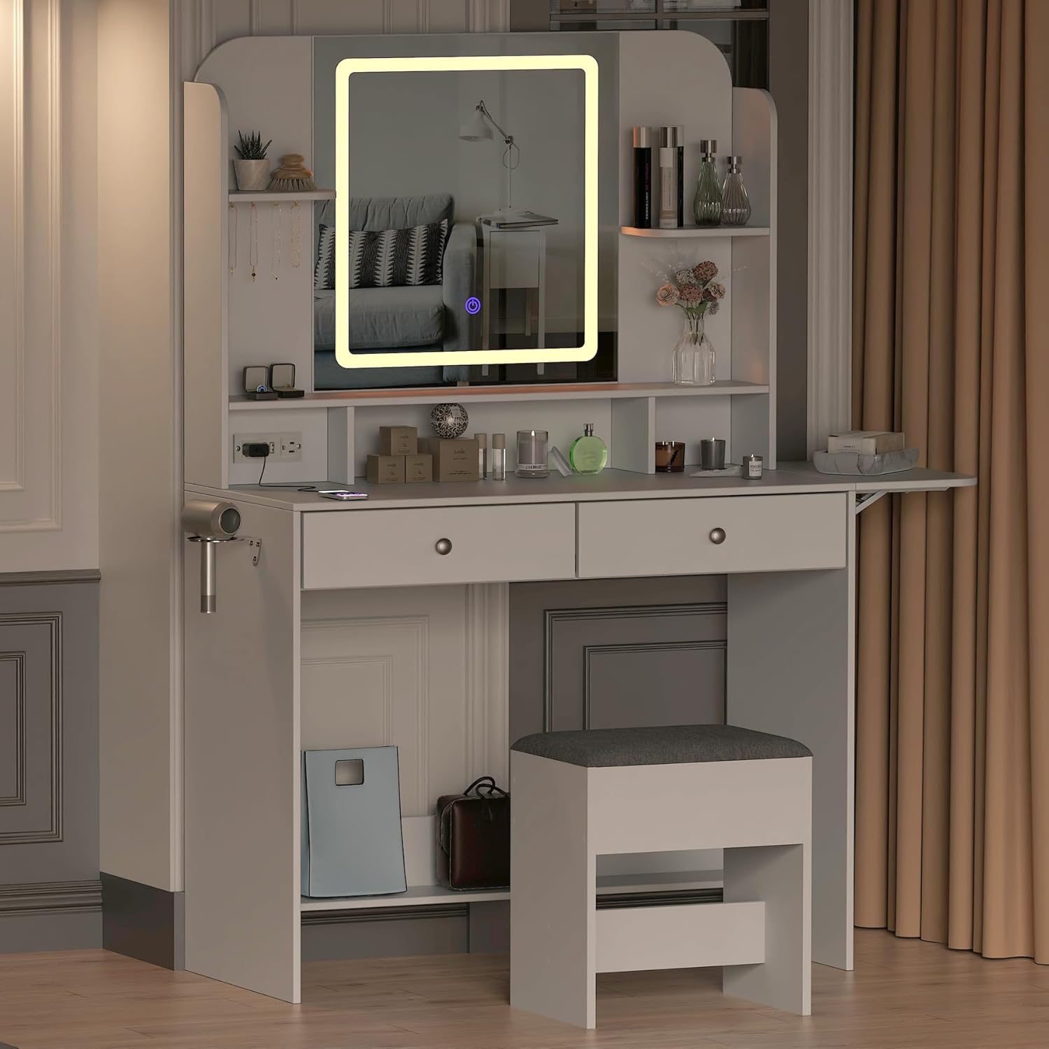 Vanity Set with Mirror and Stool and Lights, Small Makeup Vanity Desk with Fold-Up Panel, Adjustable 3 LED Lighting Colors