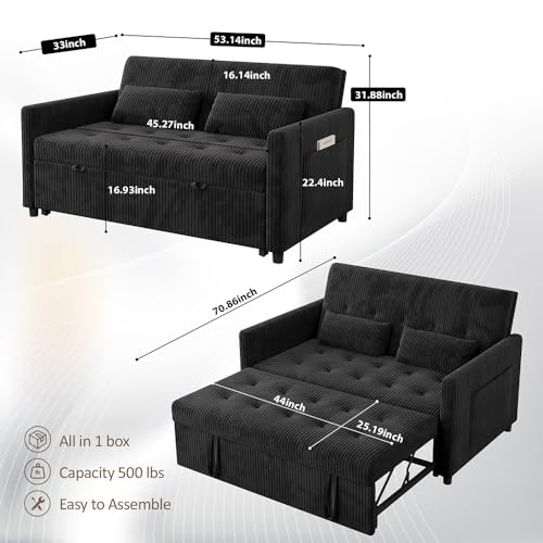 Sofa Bed, Loveseat 3-in-1 Sleeper Sofa with Pull Out Bed, Pockets and USB