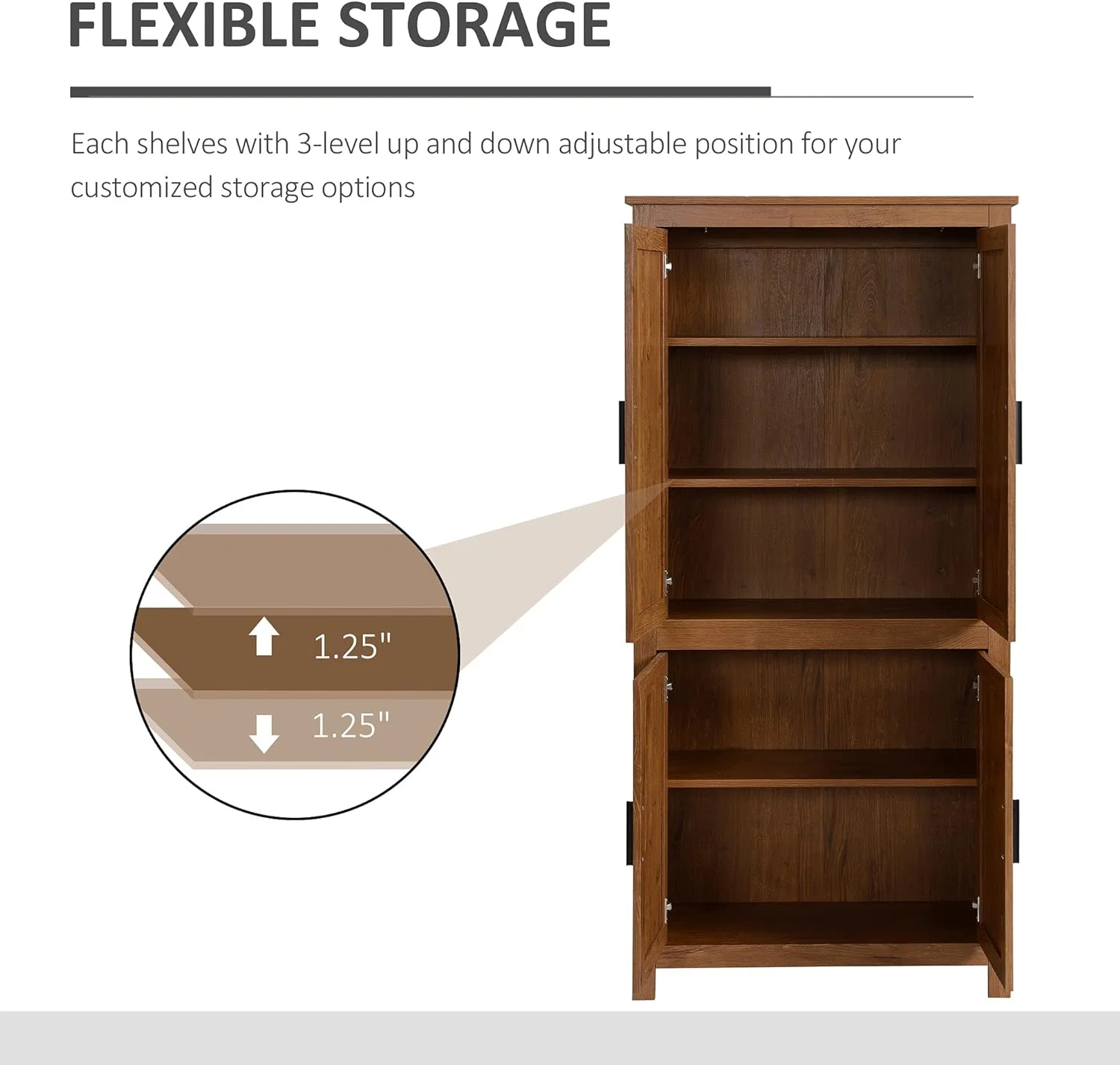 64" 4-Door Kitchen Pantry, Freestanding Storage Cabinet with 3 Adjustable Shelves for Kitchen, Dining or Living Room, Oak